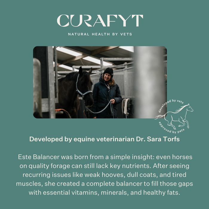 Este Balancer horse feed balancer supplement, developed by equine veterinarian Dr. Sara Torfs, completes forage-based diets with essential vitamins, minerals and healthy fats to support coat shine, strong hooves, muscle function and gut health. | localization: EN