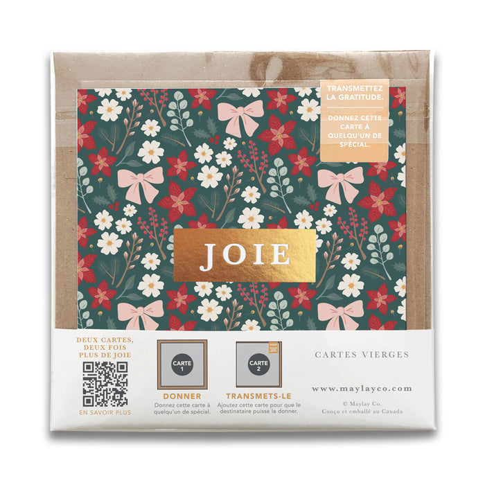 French Festive Floral Holiday "JOIE" — Cartes de Gratitude Édition des Fêtes (Ensemble de 2) — Carte de Noël