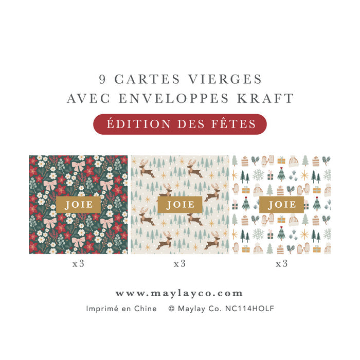 French Holiday "JOIE" Cartes de Notes Édition des Fêtes | 9Pk — Carte de Noël Mini