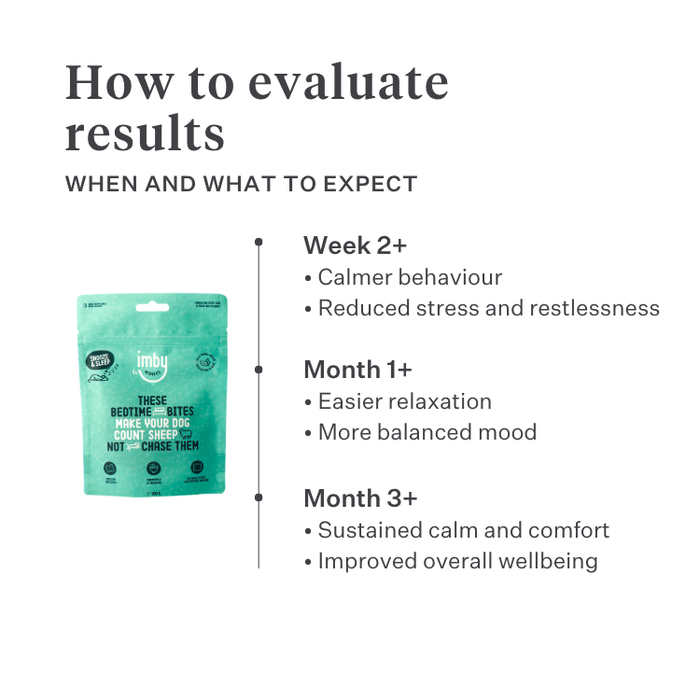 Imby Bed Time calming snacks for dogs, plant-based biscuits with chamomile and curcuma, supports relaxation and calm behaviour, helps soothe dogs and support joint health, natural bedtime treat for a peaceful night, highly palatable snack. | localization: EN