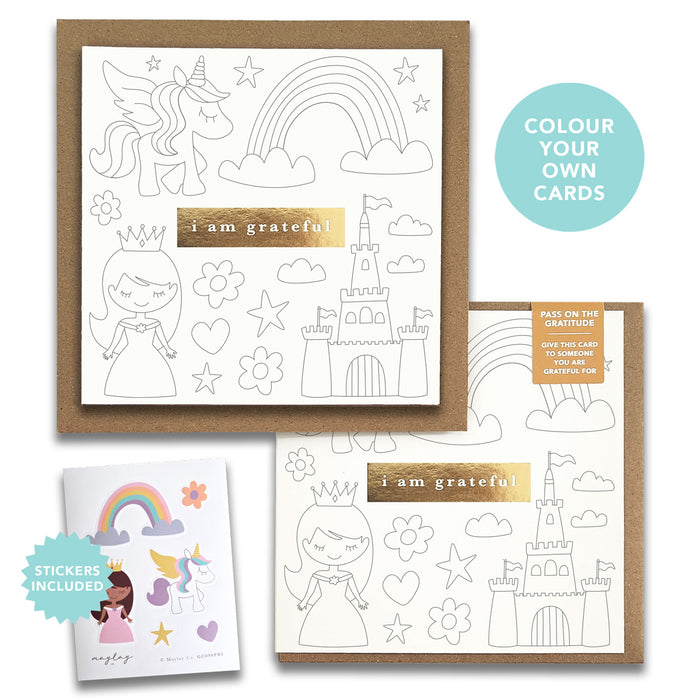 Kids Princess Unicorn "I Am Grateful" Gratitude Greeting Cards (Set of 2) — Colour-Your-Own Pay-It-Forward Thank You Cards
